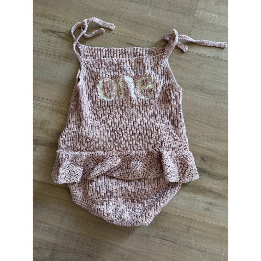 Baby Girl First Birthday One Embroidered Crochet Knit Romper Mauve 12M